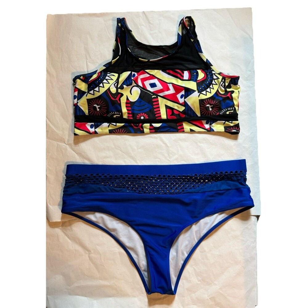 Plus Size Bikini 2 Piece Set top Blue bottoms 4XL abstract design Colorful Mesh